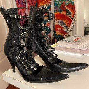 Vintage Black Giancarlo Paoli Leather Pointed Toe Stiletto Strappy Ankle Boots